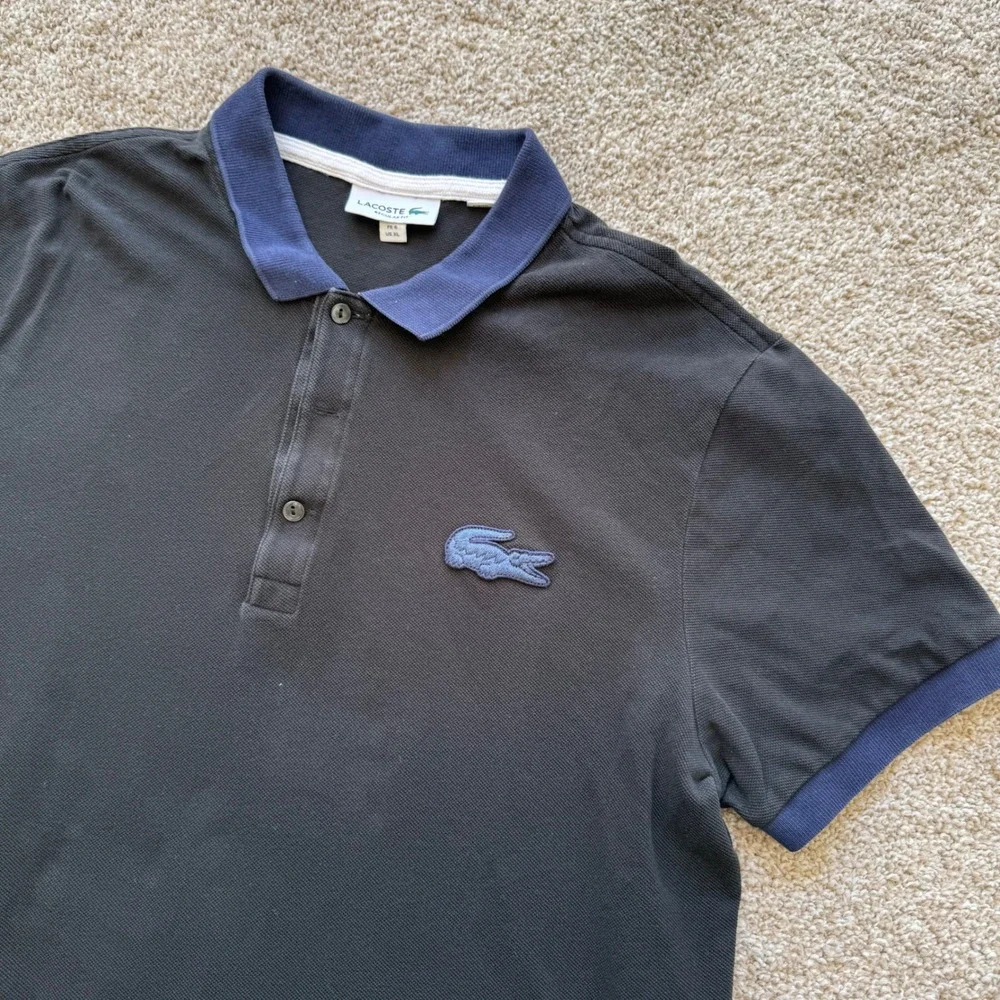 Lacoste Polo Shirt Men XL Black Blue Regular Fit Contrast Collar Big Croc Logo